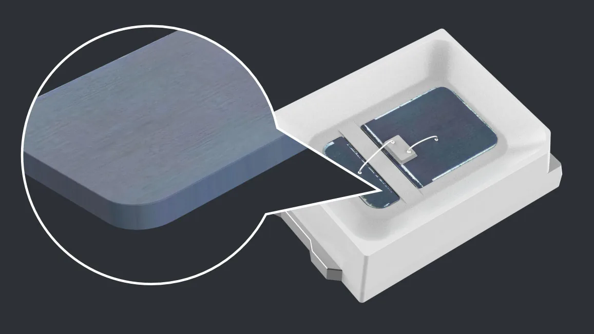 Detailaufnahme eines Standard-LED-Gehäuses mit einer gängigen Legierungsbasis