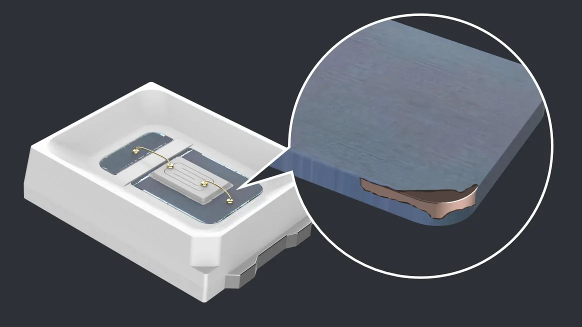 Detailaufnahme eines DENO LED-Gehäuses mit versilberter Reinkupferbasis